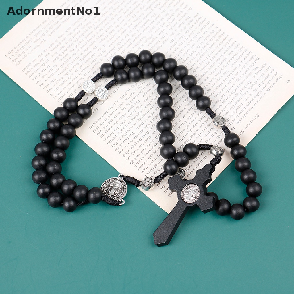 (AdornmentNo1) Kalung Rosario Manik Kayu Hitam Pendan Salib Yesus Gaya Antik