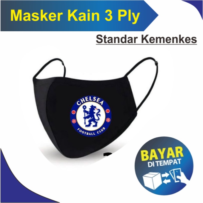 Masker Kain 3 Lapis Logo CHELSEA - Kain 3 Ply / Earloop Dewasa Pria / Scuba Dewasa / Murah / klub bo