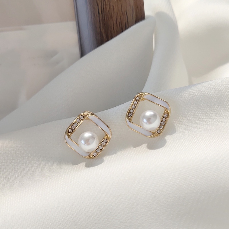 Anting Tusuk Sterling Silver 925 Bentuk Kotak Hias Mutiara + Zircon Hypoallergenic Gaya Korea Untuk Wanita