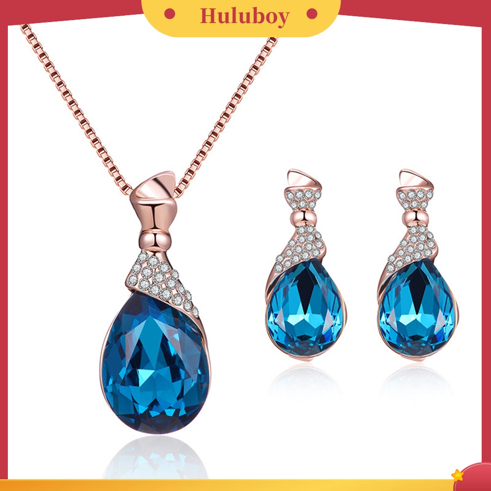 Hu Hu Hu Hu Hu Alat Bantu Pasang Kacamata♡ Set Kalung Anting Stud Liontin Berlian Imitasi Bentuk Tetesan Air Untuk Wanita