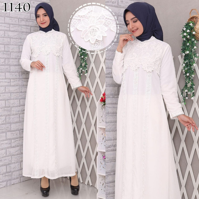 Promo  Baju Gamis Wanita Gamis Polos Putih Brukat Baju Muslim Wanita Busana Lebaran Umroh Brokat Pes