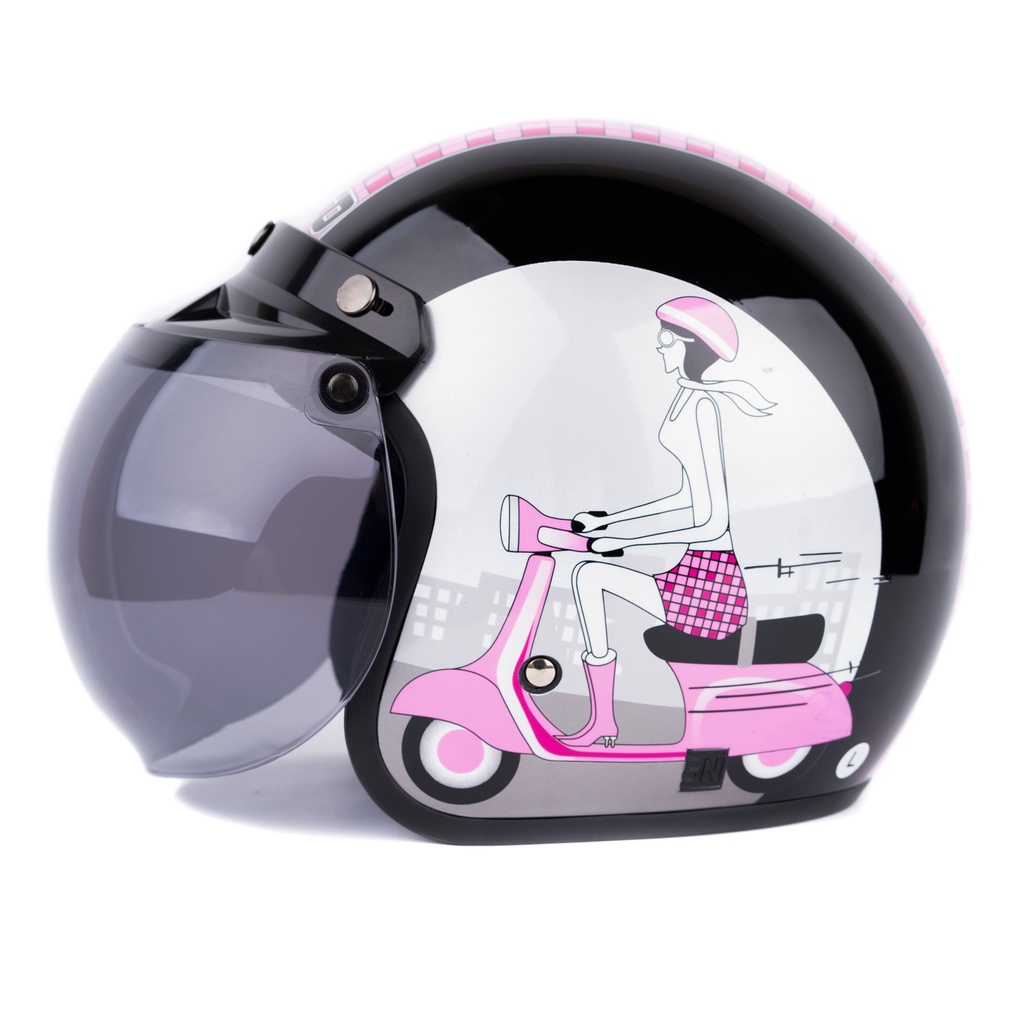 [Helm Dewasa] WTO Helm Retro - Vespa Girl - Hitam Pink