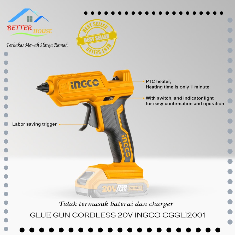 LEM TEMBAK CORDLESS BATERAI GLUE GUN CORDLESS 20V INGCO CGGLI2001 flex