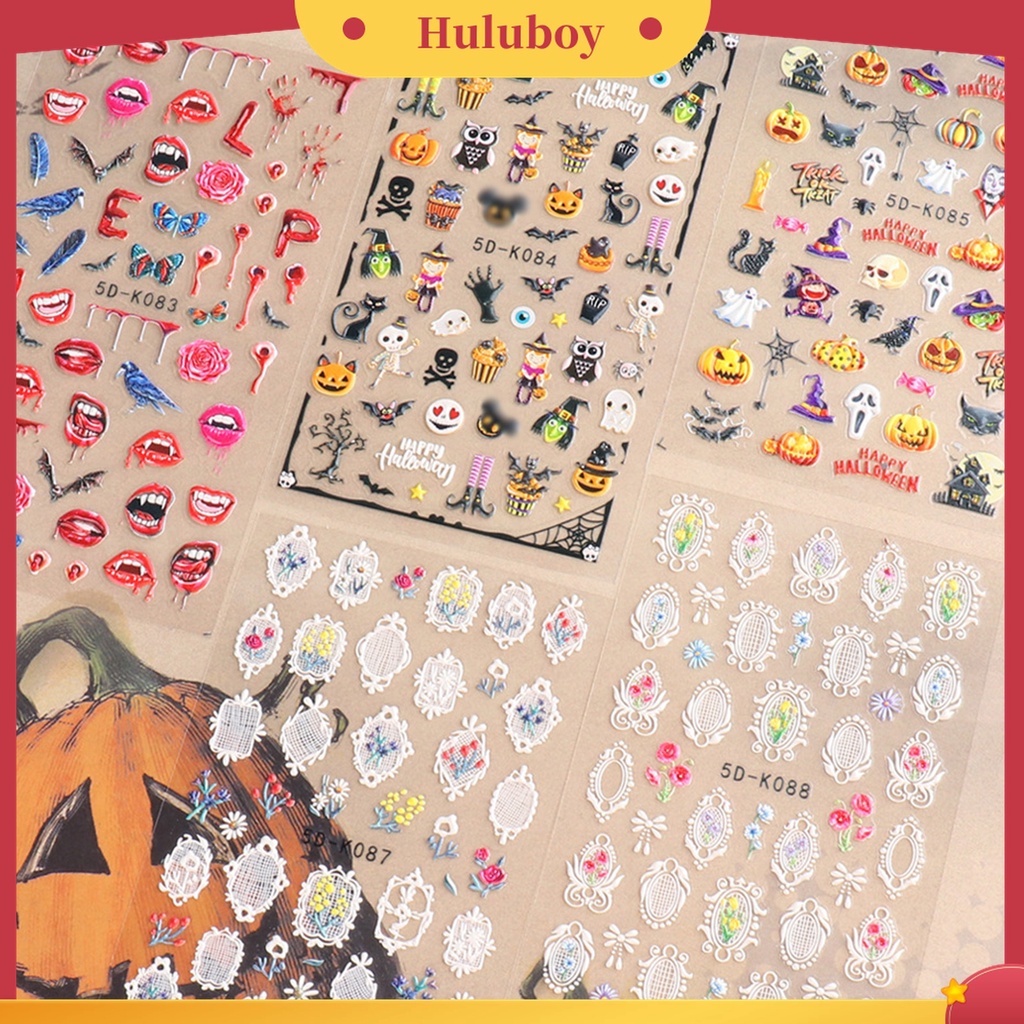 Huluboy Huluboy♡ Stiker Kuku Motif Ukir Luka Bibir Darah 5D Gaya Halloween Untuk Manicure Wanita