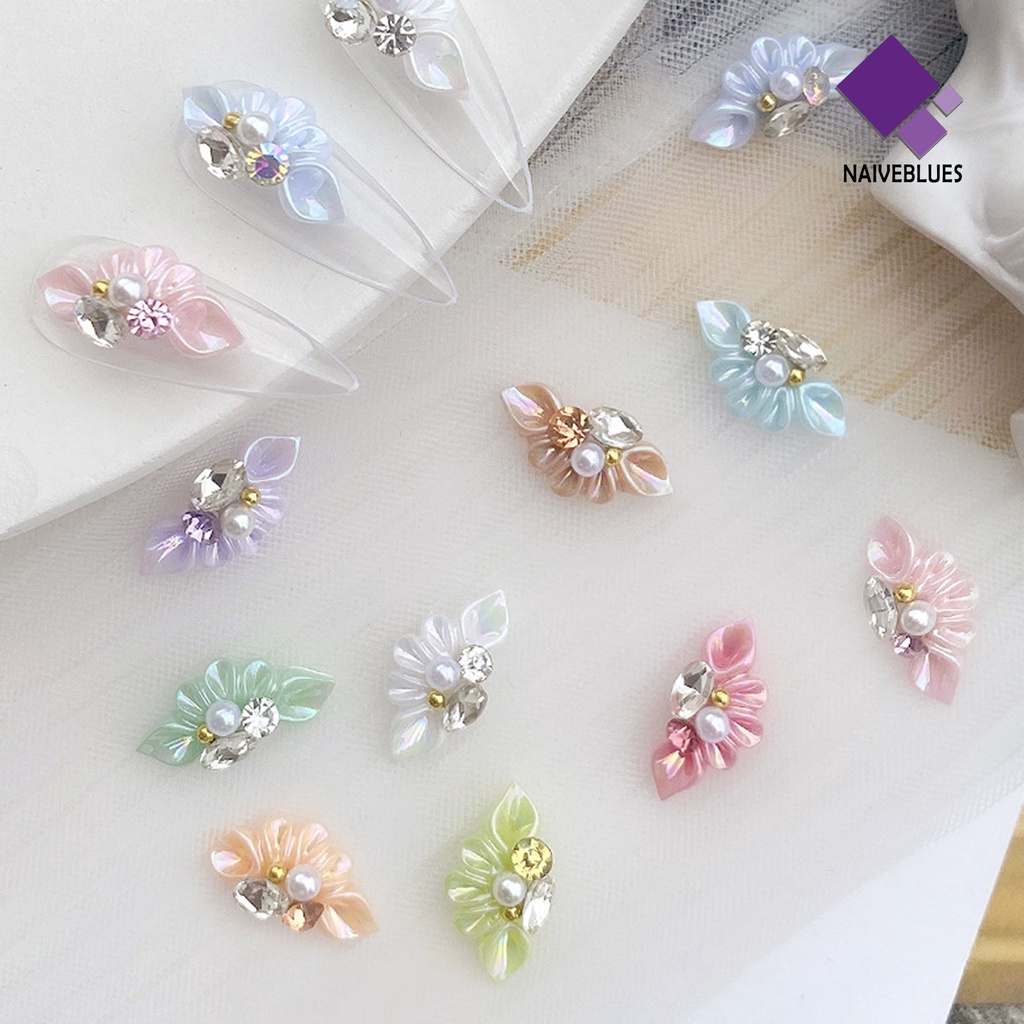 Naiveblue &gt; 10Pcs / Set Hiasan Kuku 3D Bentuk Bunga Aksen Mutiara Imitasi Bahan Resin Untuk Nail Art DIY