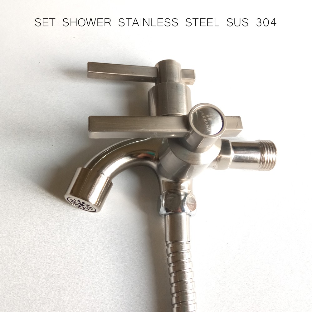 Paket Shower Stainless Bulat Pancuran Air Deras + Kran Cabang Shower Stainless 1/2 inch