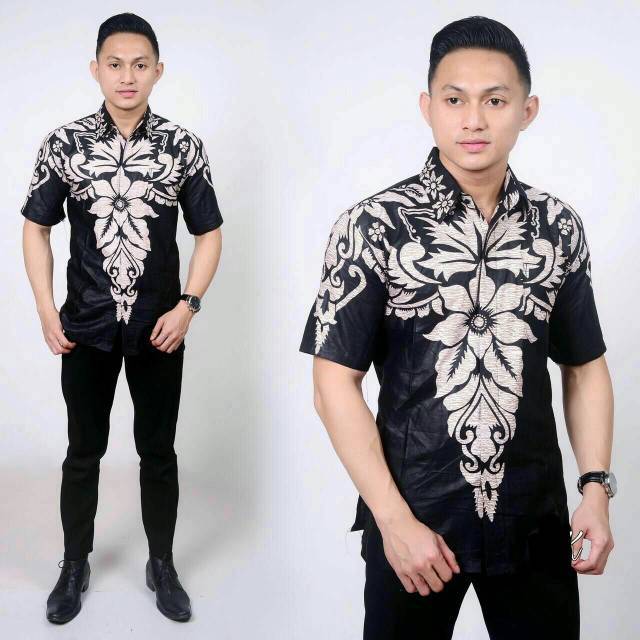 Kemeja batik pria keren motif AHY hitam putih cream