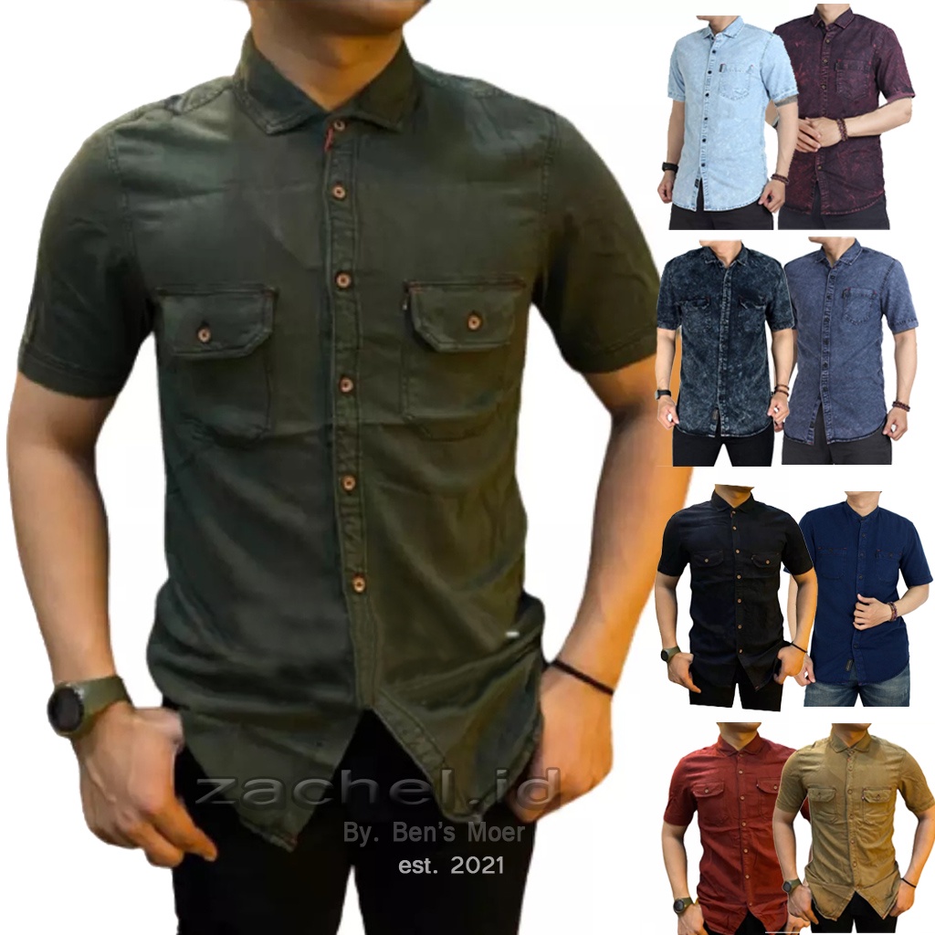 Kemeja Jeans Denim Kasual Lengan Pendek Pria Model Polos Dan Snow Wash