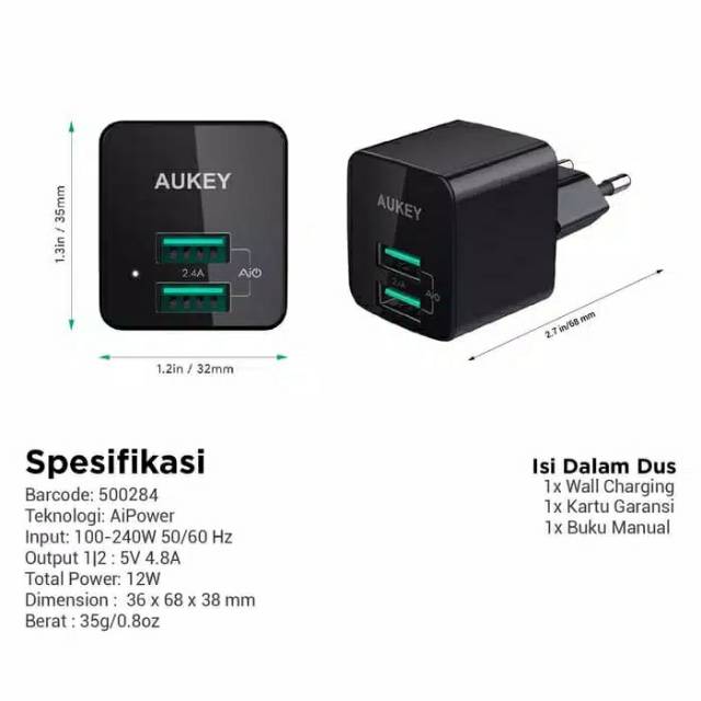 Aukey PA-U32 Wall Charger 2 Port 12W with AiQ Original Garansi Resmi