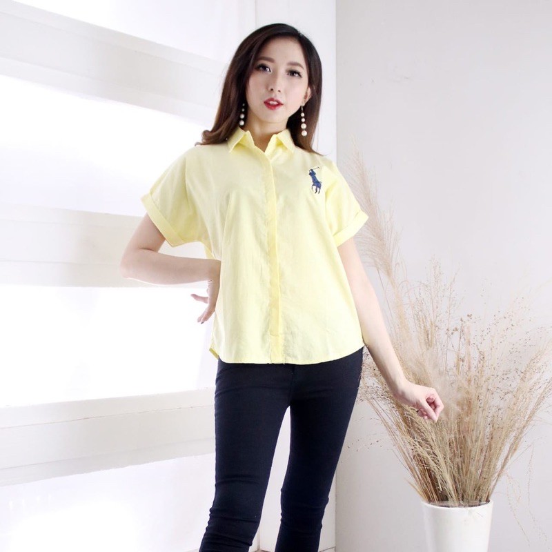 FASHION.ID90 KEMEJA WANITA POLOS PL LENGAN PENDEK WANITA KD1511 - PAKAIAN WANITA BAJU KANTOR CASUAL-YELLOW 1511 PL