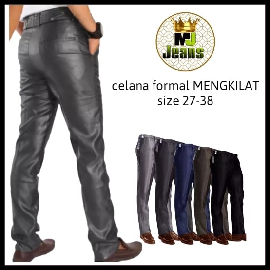 Celana Formal Pria Bahan Mengkilap Slimfit Kerja Dasar Metalik UK 27-38 Navy Hitam