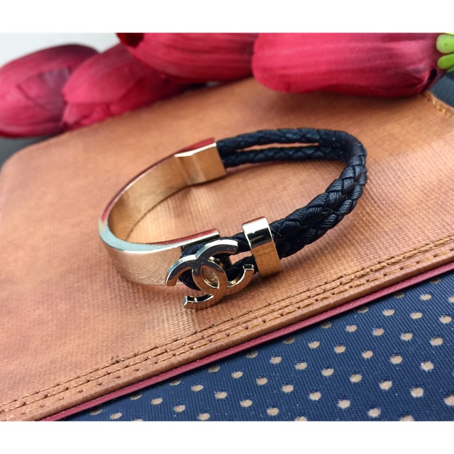Gelang bangle chanel kombinasi tali kulit /gelang etnik