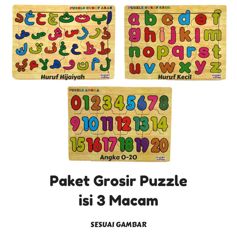 Rapid Toys Isi 3 Puzzle / Paket Puzzle Kayu Jigsaw / Huruf Hijaiyah Huruf Kecil Dan Angka