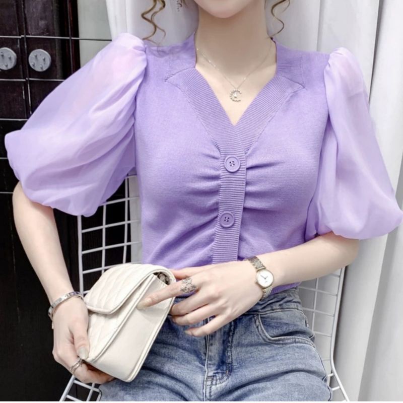 Z007 Baju blouse kemeja lengan pendek balon kerah Vi rajut import wanita terbaru Baju pakaian kemeja