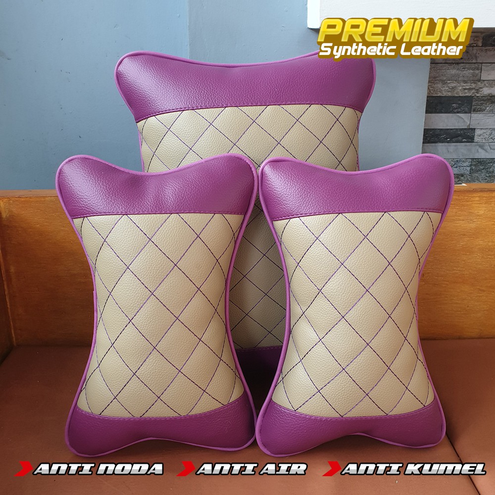 Bantal Mobil Set 2 In 1 / Bantal Leher dan Bantal Pinggang - Krem Ungu wajik