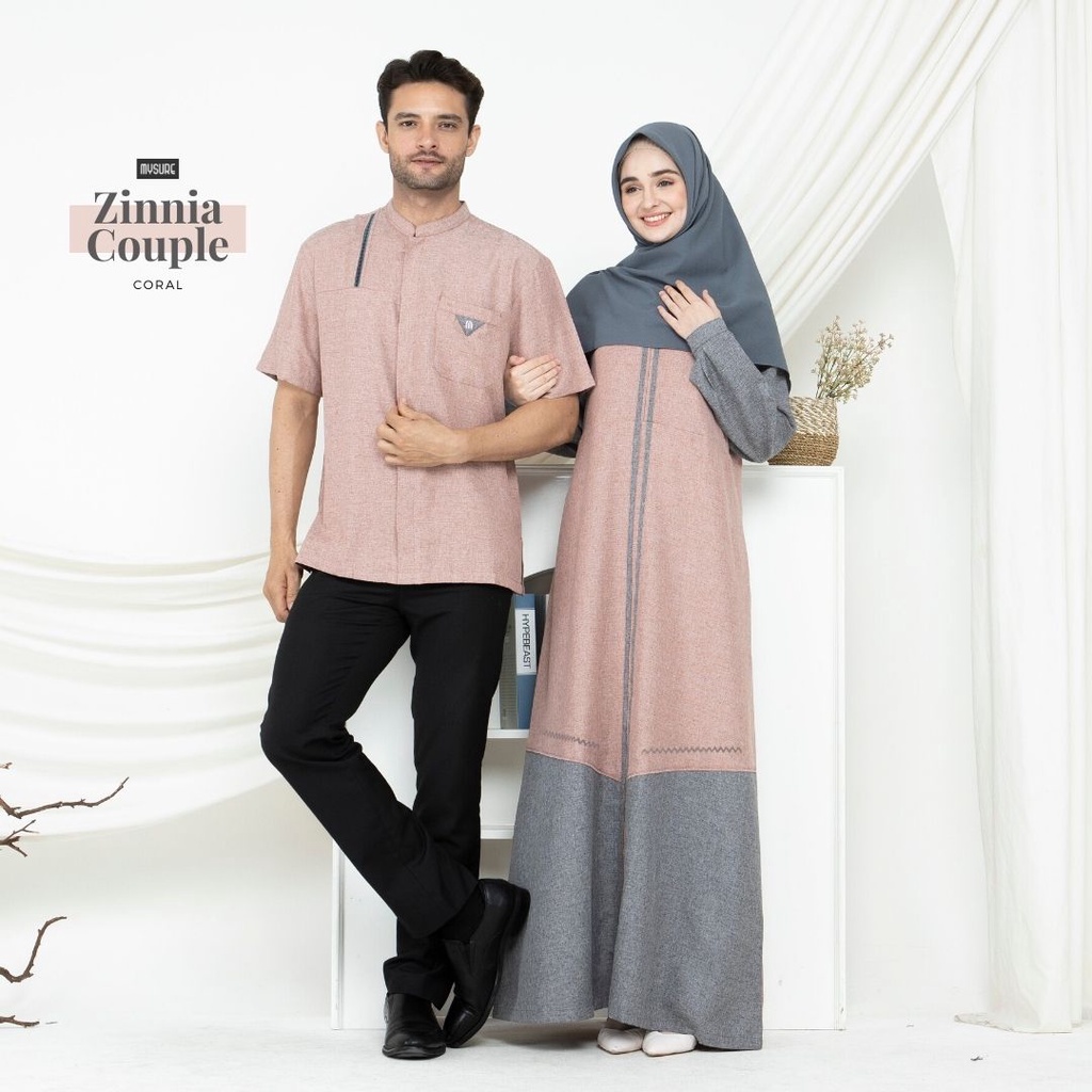 Zinnia Couple Gamis Dress Koko Mysure Coral Charcoal