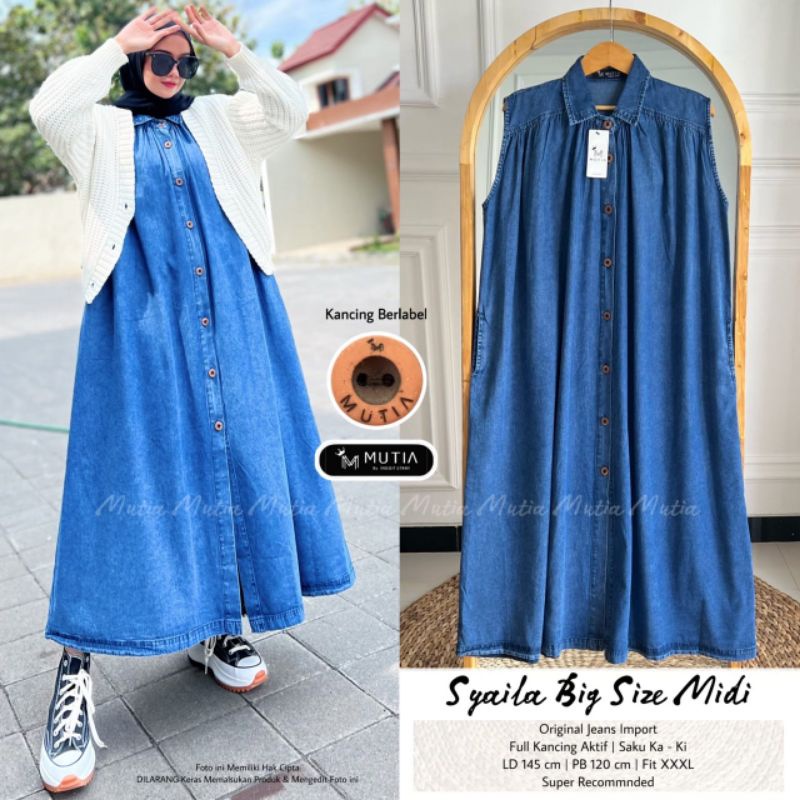 SYAILA BIG SIZE MIDI BY MUTIA (DRESS JEANS JUMBO MUSLIMAH) Midi jeans wanita