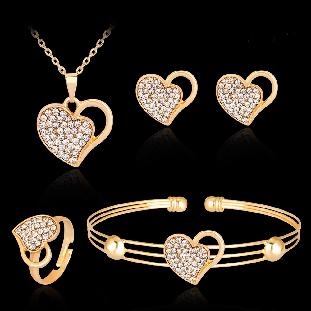 OW@ Rhinestone Hollow Love Heart Necklace Bangle Ring Earrings Banquet Jewelry Set