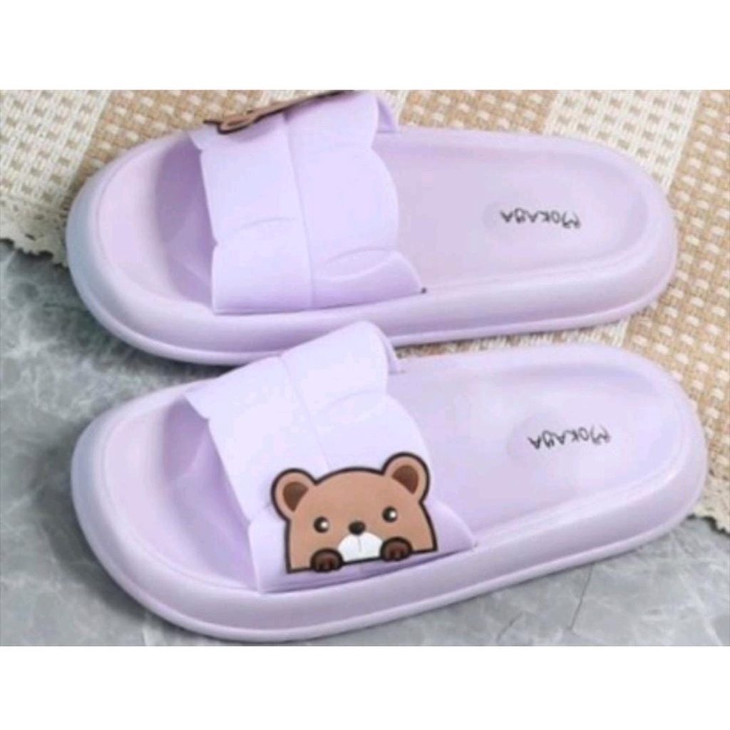 Sandal Slop Jelly Wanita Ban Polos Garis Bear Samping Simple Cute Kekinian Import Mokaya / Size 36-41 (1220)