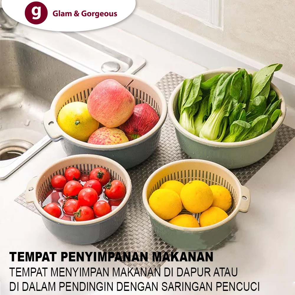 Tempat Penyimpanan Makanan Plastik Dapur 2 Lapis Baskom Pengering Buah dan Sayuran - BCS001