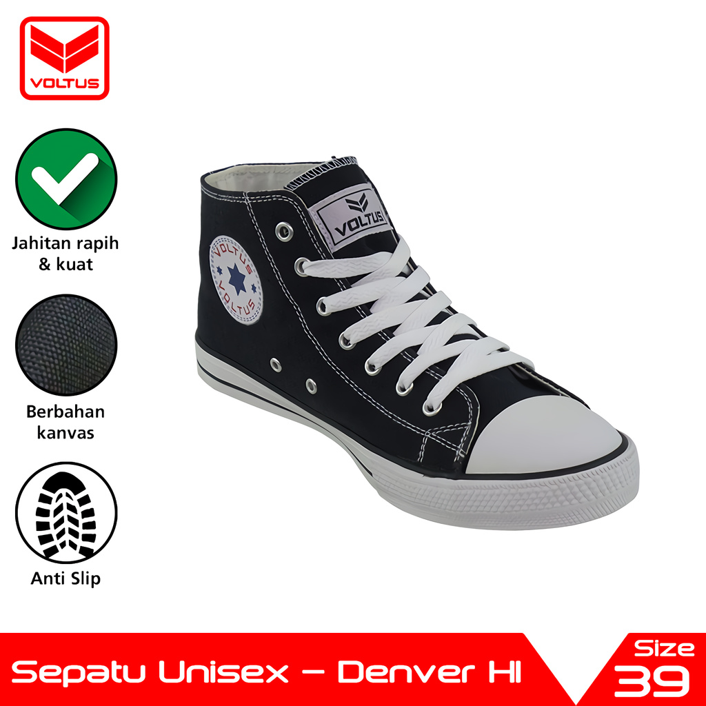 aha VOLTUS Sepatu Sekolah Kanvas Size 39-43 Denver Hi Shoes Unisex VOL-9086131 Hitam Putih