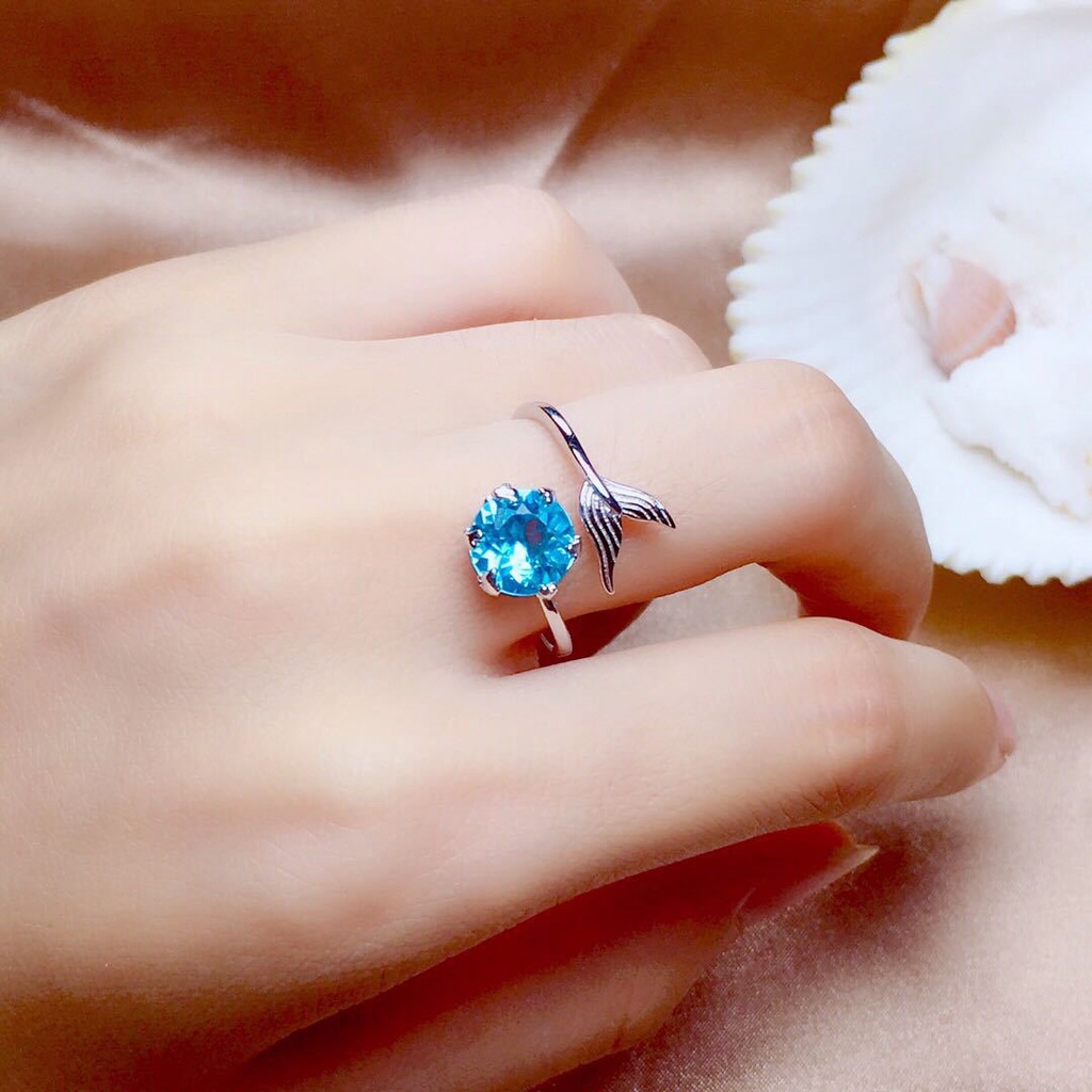 perak asli 925 cincin Wanita Putri Duyung Biru Cincin yang Dapat Disesuaikan Perhiasan Fashion