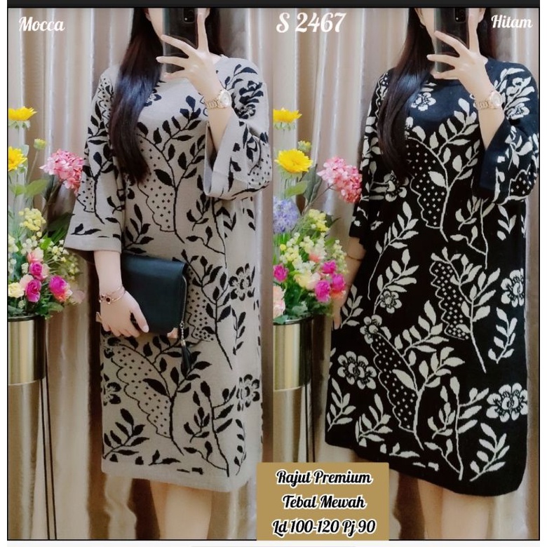 Dress Pesta Jumbo / Dress Kondangan Wanita / S 2467 #Dress Rajut Import Premium Motif Daun Dress Raj