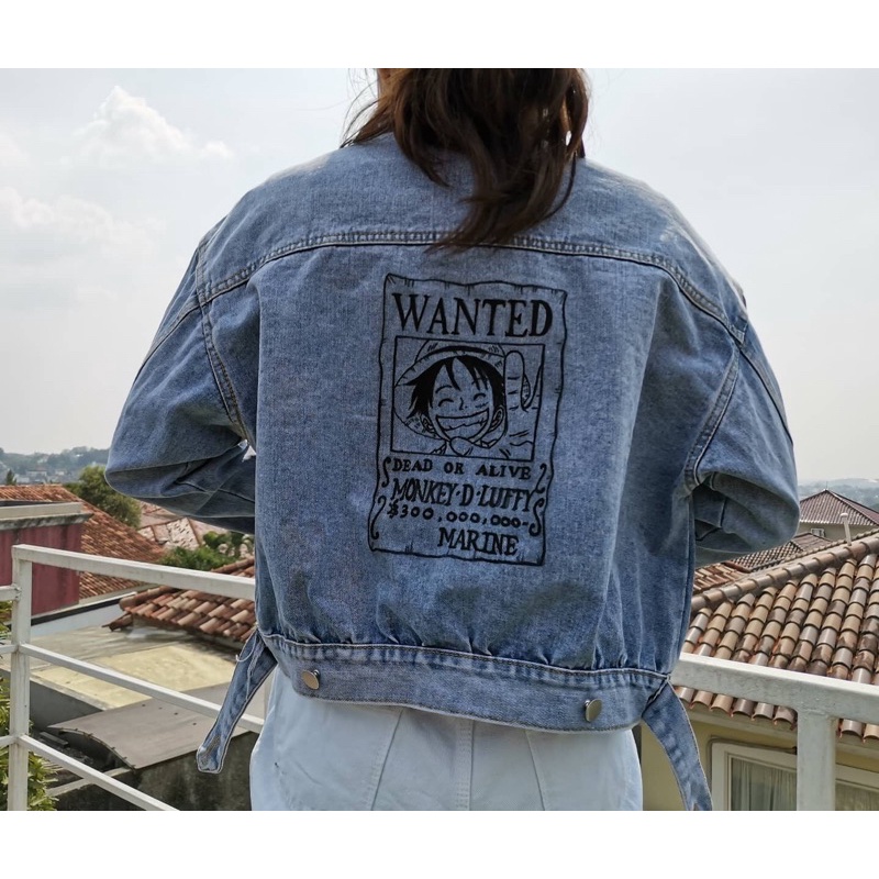 Jaket Jeans denim wanita one piece monkey d luffy (hand painted denim)