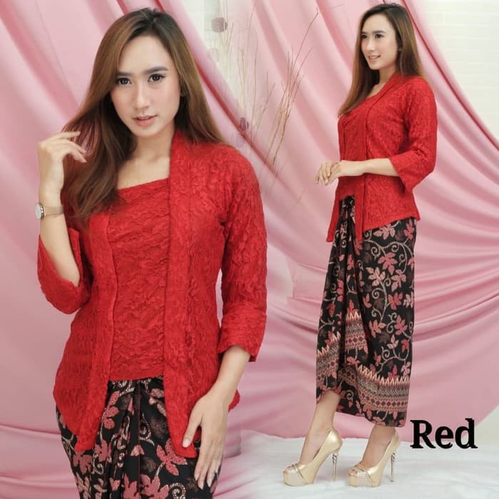 Setelan Kebaya Modern Brukat Model Kutubaru, Set Kebaya Wisuda Brokat Aneka Pilihan Warna-SET RED