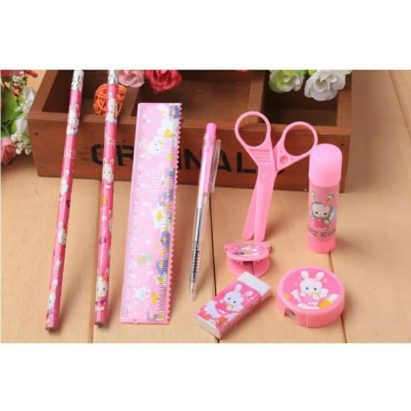 stationery set lucu - alat tulis korea pink blue bear