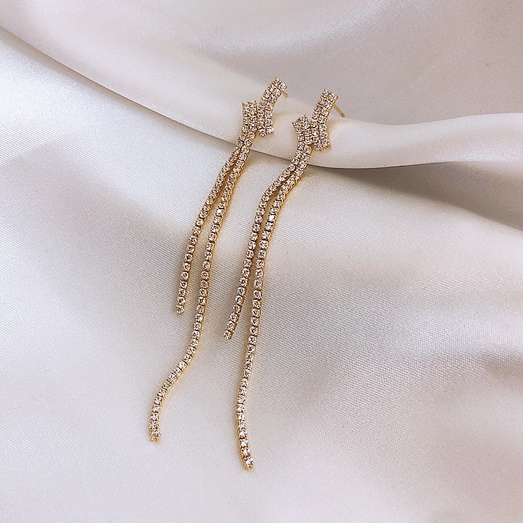 Jepang dan gaya Korea wanita elegan panjang fringe anting sterling anting-anting jarum perak anting-