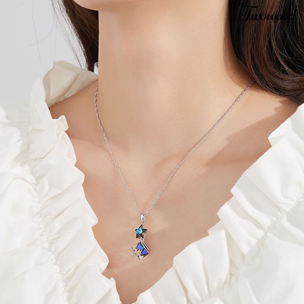 Kalung Choker Silverhoo Liontin Bintang Kristal Tiruan Biru Persegi Tahan Lama Untuk Wanita