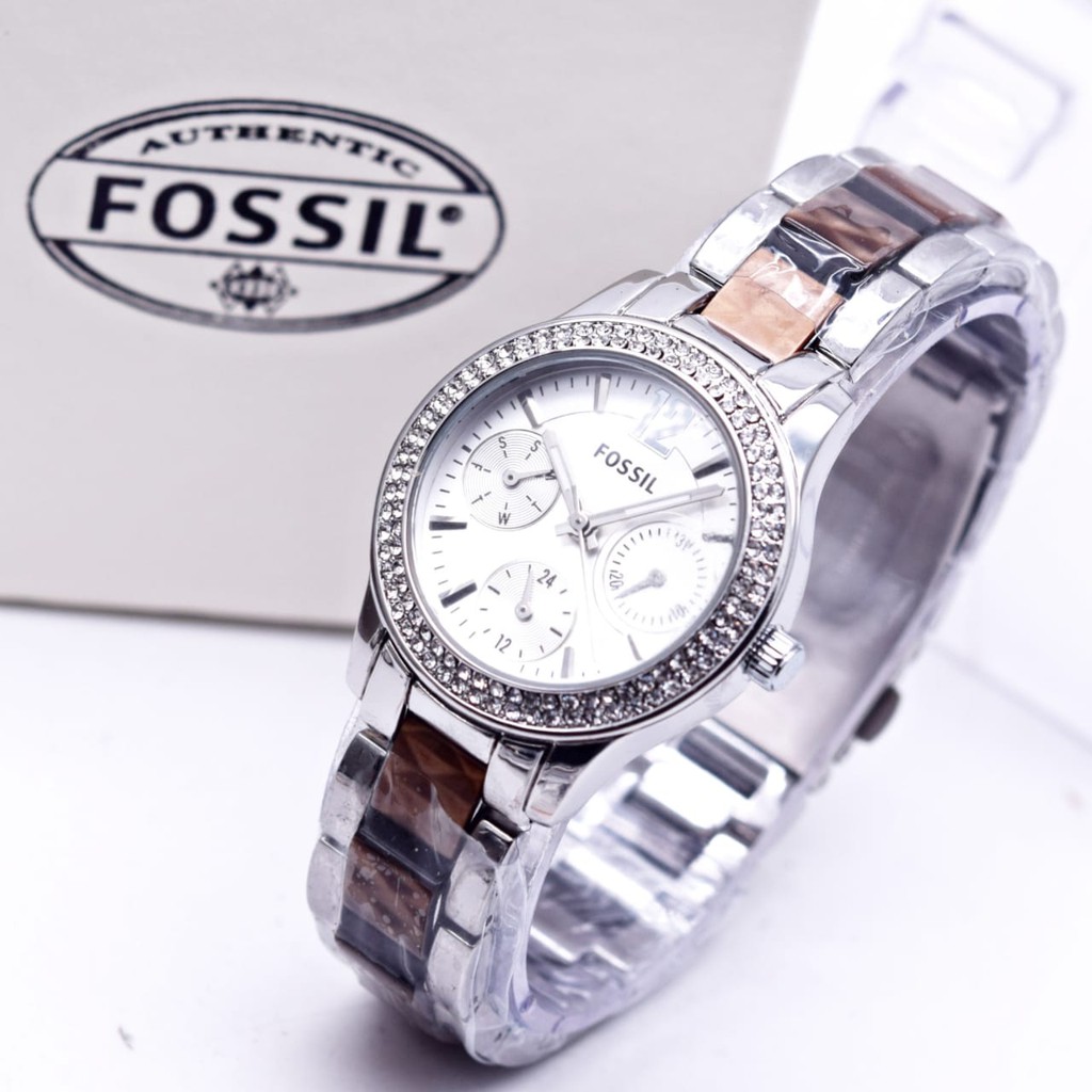 Jam Tangan Wanita FS-9192 Fiber Chrono Tanggal Hari Rantai Body Silver