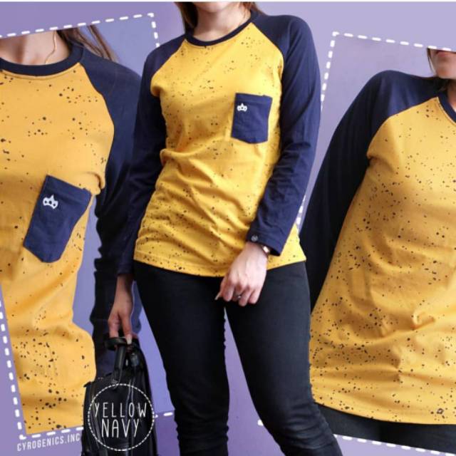 Raglan panjang/kaos lengan panjang pocket kuning-navy