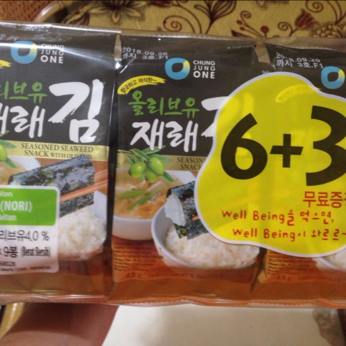 

ds201fs Chung Jung One Won Seaweed 6+3 Nori Olive Oil Rumput Laut Kering Korea Dscscv