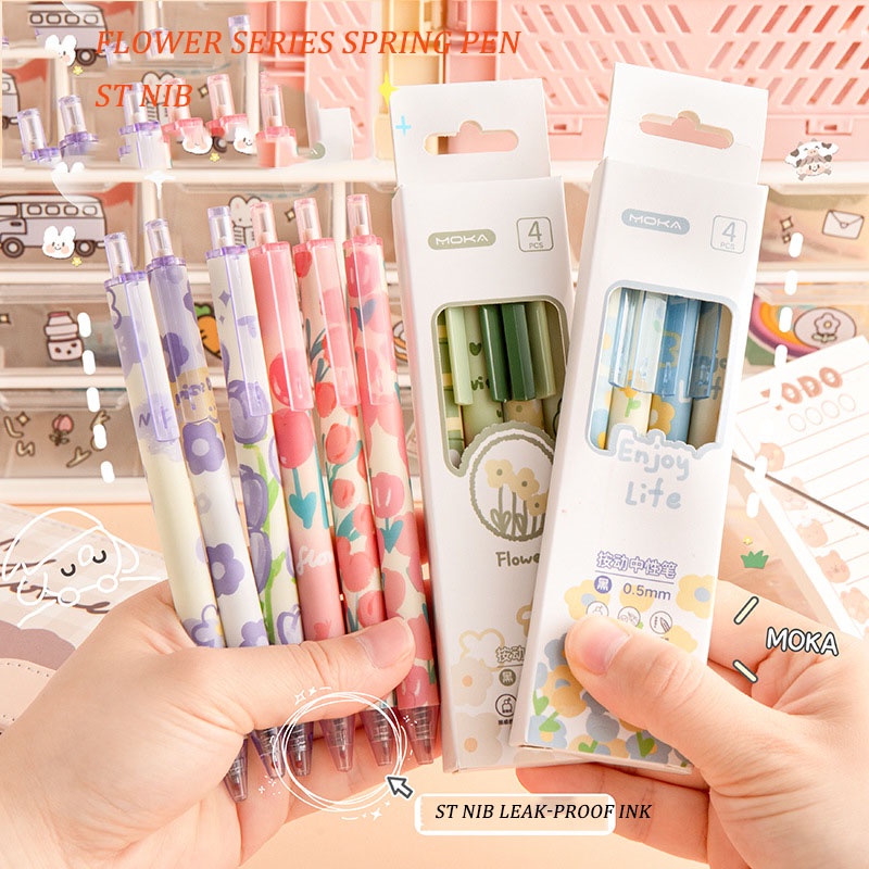 4pcs / Set Pulpen Gel 0.5mm Motif Bunga Romantis Untuk Pelajar / Kantor