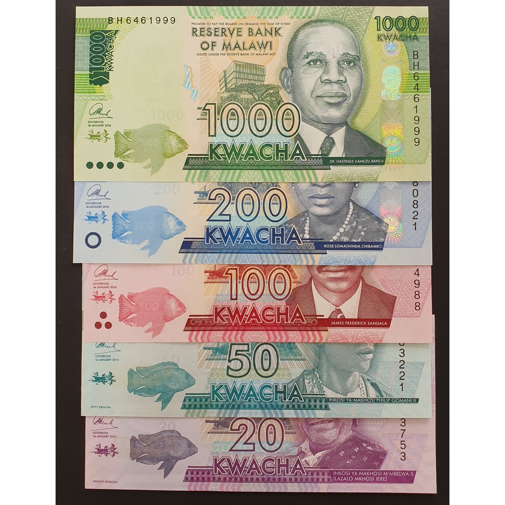 Set Uang Kertas Malawi 20 50 100 200 1000 Kwacha 2016 UNC Baru Gress