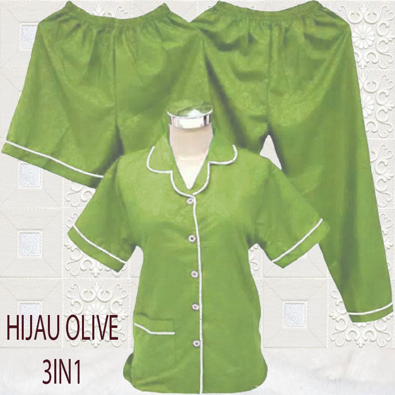 ISANNY PIYAMA SET SATEN EMBOS 3IN1 L/PIYAMA DEWAS/READY 20 WARNA-HIJAU OLIVE