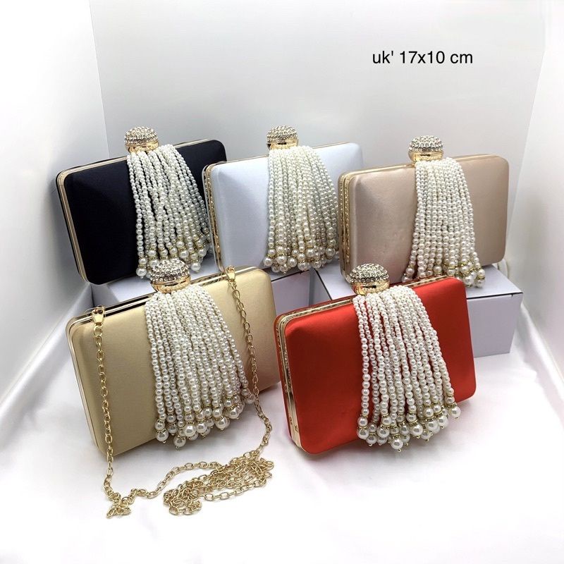 tas pesta rumbai mutiara fur pearl tirai stud motek red gold silver black clutch satin clip tali ran