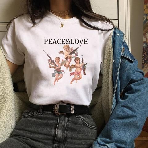 Peace &amp; Love T-shirt | Kaos T-shirt Longgar Lengan Pendek Versi Aesthetic Motif Print