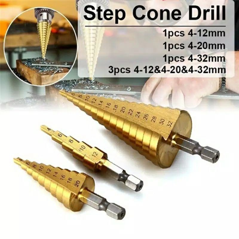 Nuansa - Mata Bor Pagoda Spiral Kerucut Titanium HSS Step Cone Drill Bits Lubang Besi Kayu Plastik dll