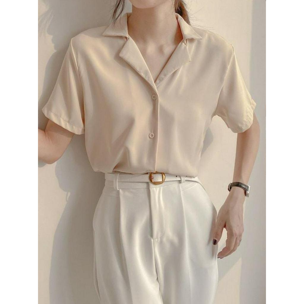 Blouse Kemeja Wanita Lengan Pendek Korean Style Polos Crop Top Atasan Kemeja Cewek Kekinian
