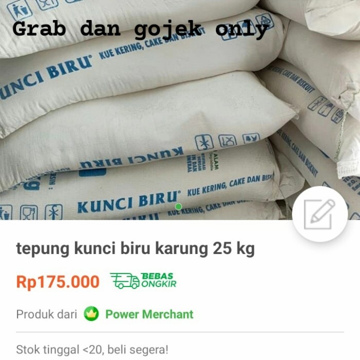 

Ds11D Tepung Terigu Kunci Biru 25 Kg Grab Gojek G6B040B