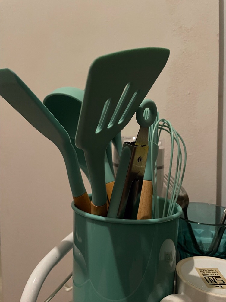 10 Pcs Alat Masak Silikon Spatula Gagang Kayu Dengan Wadah - Hijau Tua