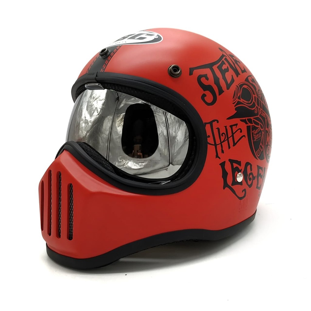 Helm Cakil HBC Steve Red Font Black + Inner Visor ( Fullface / Retro / Klasik / Vespa )