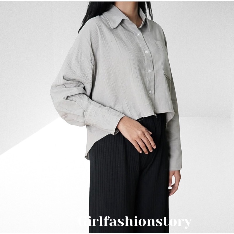 BEFAST - ZFS OOTD Wanita Kemeja Crop RINE / DAVY CRINKLE LINEN SHIRT / Kemeja Crop Wanita Remaja / Fashion Wanita Ala Korean Style / Kem Lengan Panjang / Kemeja Polos Formal / Terlaris