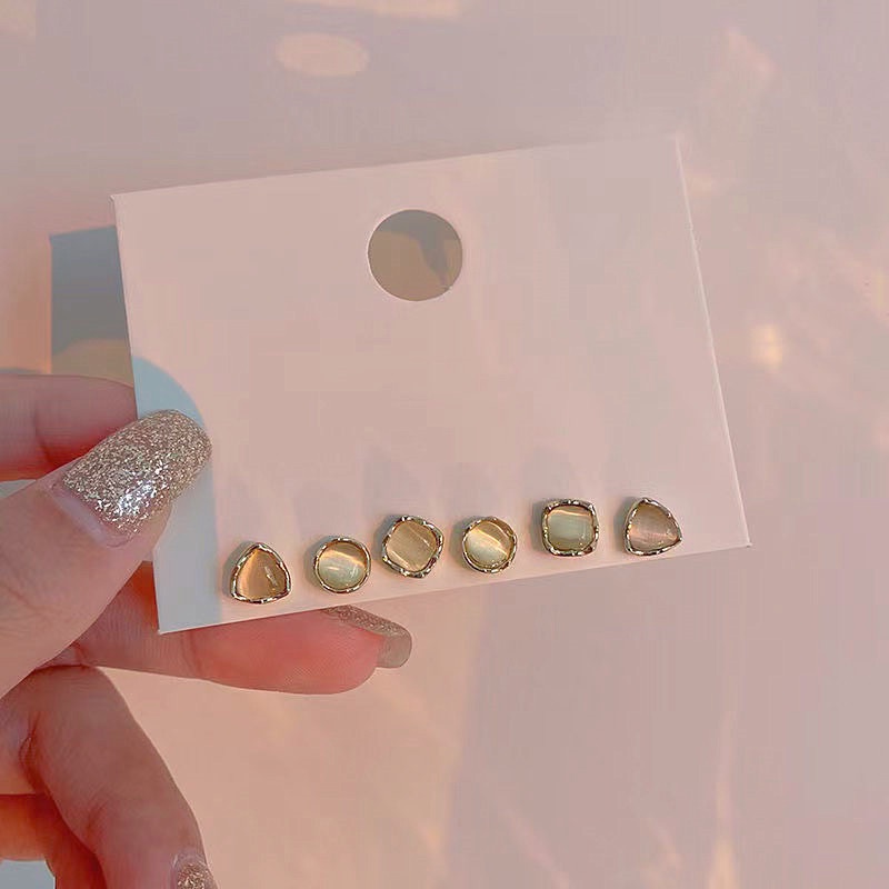 Set Anting Stud Opal Geometris Gaya Elegan Untuk Wanita