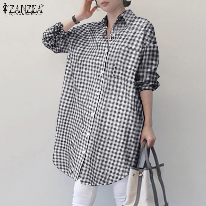 ZANZEA Women Casual Fashion Full Sleeve Turn-Down-Collar Plaid Color Print Long Blouse