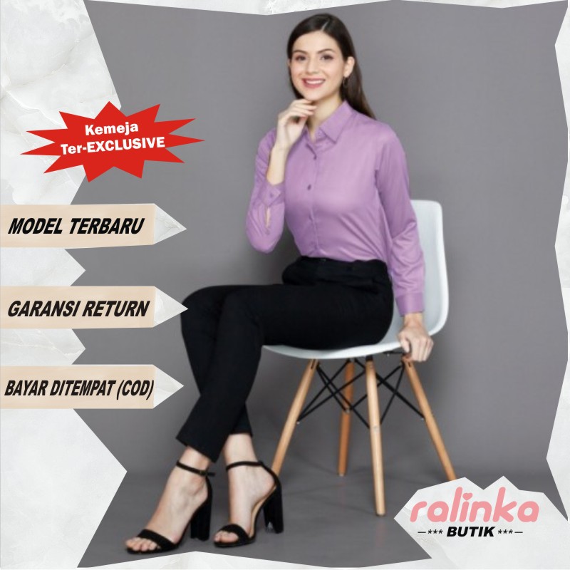 KEMEJA WANITA CASUAL LENGAN PANJANG BLOUSE POLOS WARNA UNGU LILAC