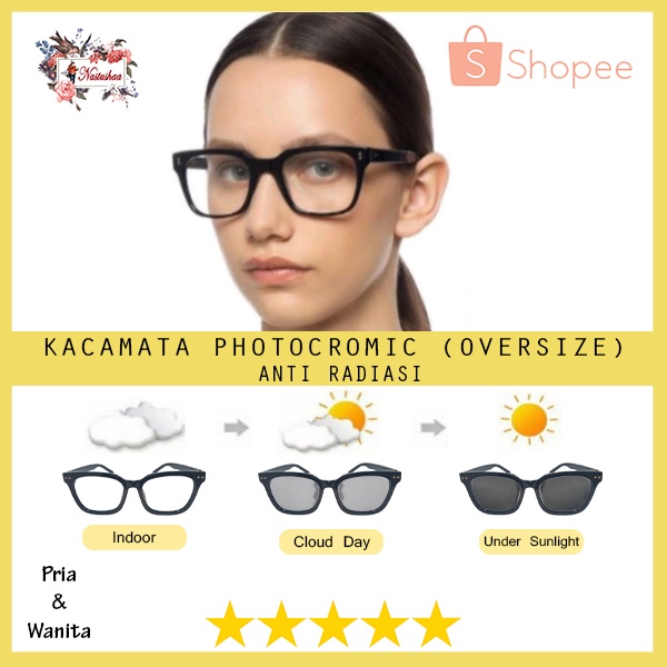 Kacamata Photocromic Anti Radiasi Wanita Pria Unisex Model Kotak Korea Oversized Lensa Photocromic Blueray Berubah Warna Fashion Gaya Retro